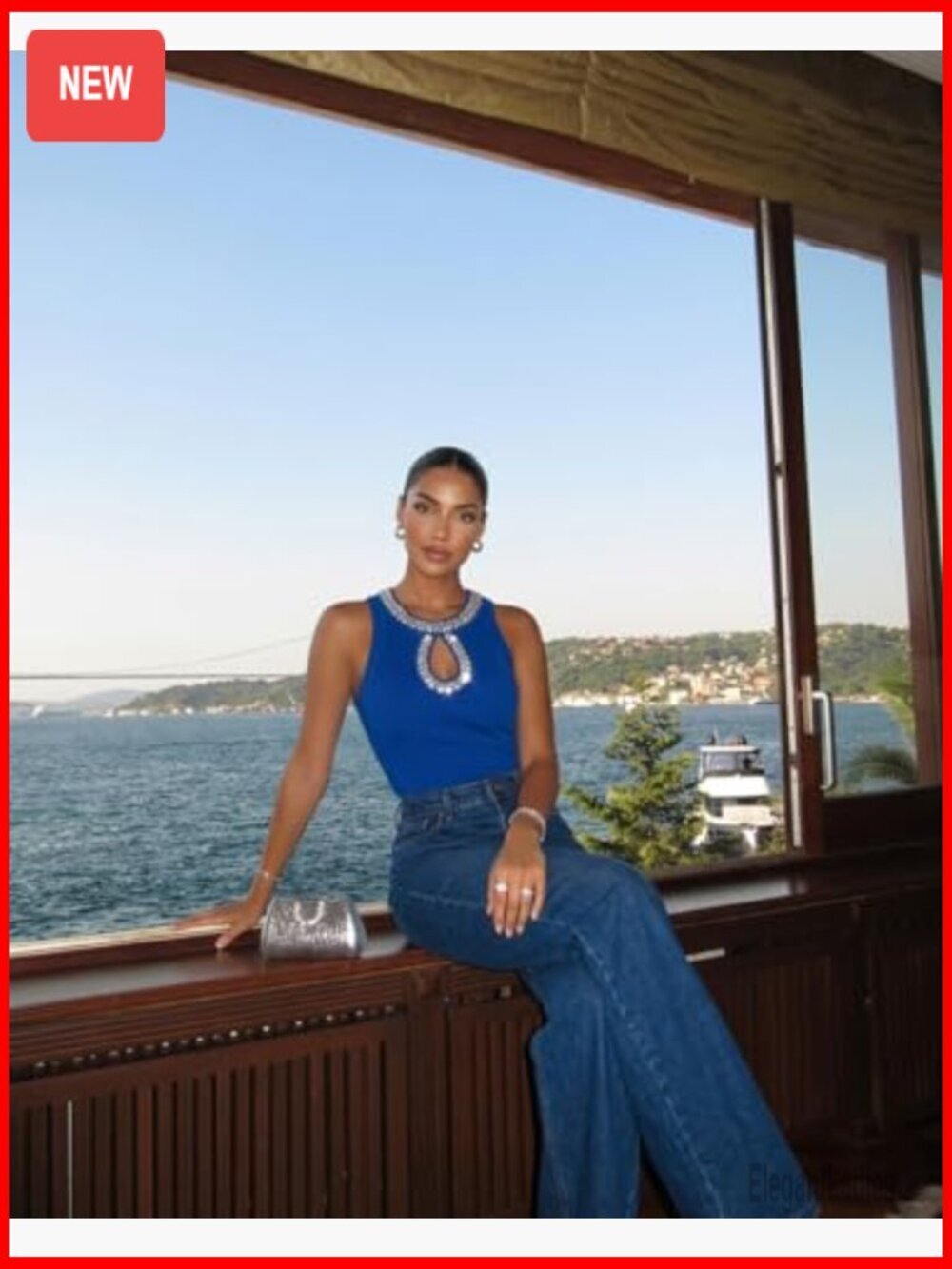 Sleeveless Ribbed Tank Top with Rhinestone Keyhole Neckline - Picture 3 of 7